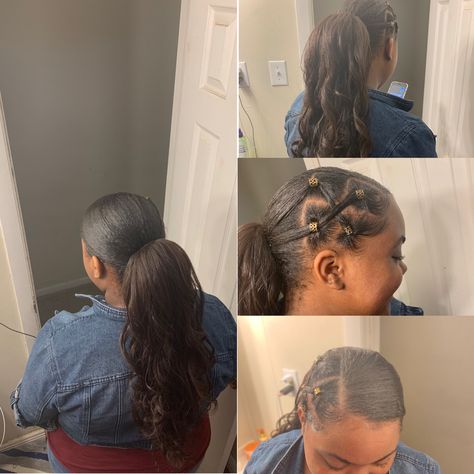 Side part, with rubber band method slick ponytail w/ curly bundles Rubber Band Method, Rubber Band Design, Band Hairstyles, Rubber Band Hairstyles, Barbie Ponytail, Slick Ponytail, Curly Bundles, Slicked Back Ponytail, 4b Hair