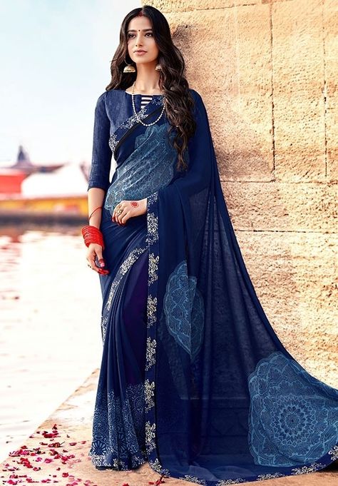 Navy Blue Printed Georgette Saree Trendy Saree, Off White Fashion, Celebrity Gowns, Navy Blue Print, Designer Sarees Collection, Plain Saree, Latest Designer Sarees, Desi Style, Casual Saree