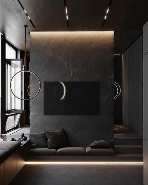 Dark grey apartment on Behance Dark Grey Apartment, Grey Apartment, Dark Interior Design, Dark Modern, Black Interior Design, Modern Luxury Bedroom, Apartment Projects, Budget Home Decorating, Luxury Bedroom Master