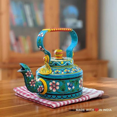 Painting On Teapot, Chai Kettle, Rural Decor, Rural Rajasthan, Kettle Painting, Teapot Painting, Painted Kettle, Kettle Art, Clay Home Decor