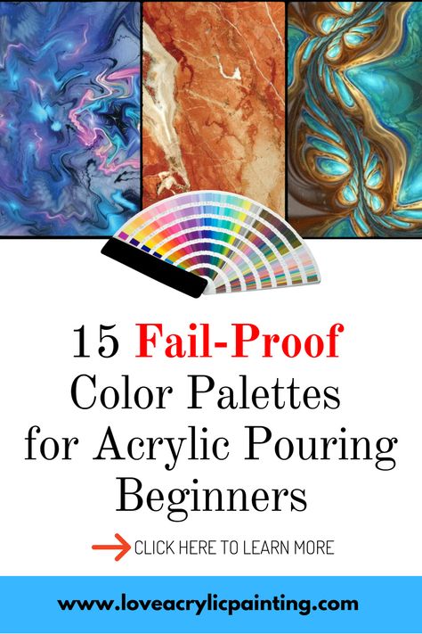 These 15 fail proof color palettes for acrylic pouring beginners are perfect for getting vibrant pour paintings with NO MUDDY colors! Click the image to learn more! Pour Painting Color Ideas, Pour Paint Color Combinations, How To Acrylic Pour, Pour Paint Color Combo, Acrylic Pour Painting Color Combos, Acrylic Pouring Art Ideas Beginners, Pour Paint Color Schemes, Paint Pouring Color Combos, Acrylic Paint Pouring Color Combinations