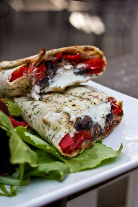 Wowww..Yummy!!! Grilled Portobello Mushroom and Roasted Red Pepper Goat Cheese Wrap. Goat Cheese Wrap, Roasted Red Pepper Goat Cheese, Red Pepper Goat Cheese, Roasted Red Bell Pepper, Crunchwrap Supreme, Grilled Portobello, Cheese Wrap, Roasted Red Pepper, Portobello Mushroom