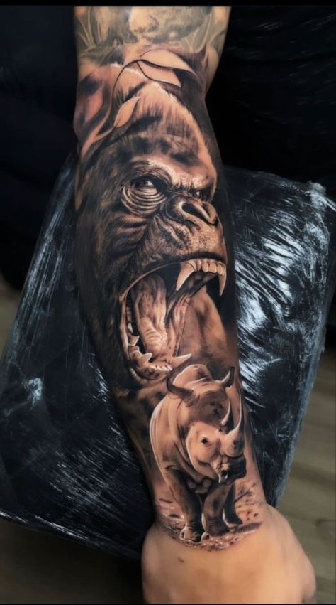 Leg Tattoo Men Animals, Gorilla Sleeve Tattoo Men, Men’s Animal Sleeve Tattoo, Gorilla Leg Tattoo Men, Animal Leg Sleeve Tattoo Men Full, Animal Arm Tattoo Men, Animal Tattoo Leg Sleeve, Animal Arm Sleeve Tattoo, Africa Animal Tattoo