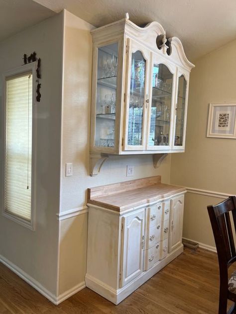 China Cabinet Turned Into Kitchen Cabinets, How To Repurpose A China Cabinet, China Closet Ideas, China Cabinet Split In Half, China Cabinet Hung On Wall, China Cabinet Refurbished, China Cabinet Uses, Turning A China Cabinet Into A Bar, China Cabinet Redo Farmhouse