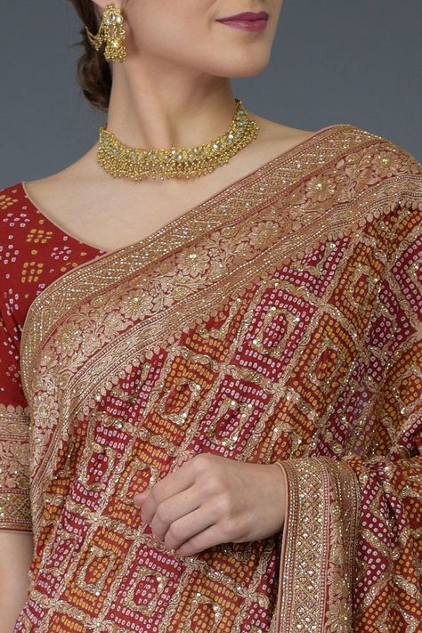 Product Zoom Bandhej Saree, Bandhani Dress, Indian Sari Dress, Zardozi Work, Wedding Saree Collection, Silk Saree Blouse Designs, Bridal Outfit, Indian Fashion Saree, Saree Designs Party Wear