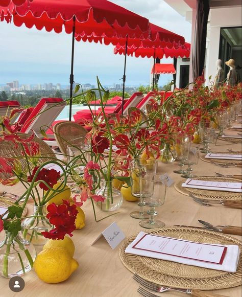 Picnic Wedding Shower Ideas, Red And Yellow Table Setting, Red Wedding Theme Summer, Amalfi Tablescape, Amalfi Elopement, Tomato Wedding, Italian Dinner Party Decorations, Gloriosa Lily, Red Baby Shower