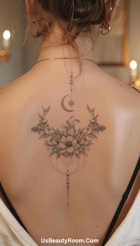 Symmetrical celestial-themed back tattoo with stars, moons, and intricate line work, perfect for girls inspired by the night sky in 2024. Tattoo Ideas For Upper Back, Pretty Upper Back Tattoos For Women, Floral Lower Back Tattoo, Middle Of Back Tattoo For Women, Tattoo Inspo Meaningful, Small Back Tattoo Ideas, Middle Back Tattoo, Middle Of Back Tattoo, Back Of Neck Tattoos For Women