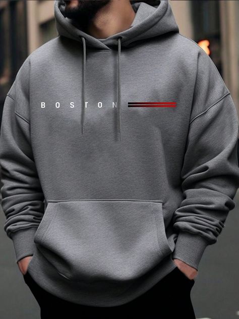 Dark Grey Casual Collar Wrist-Length Sleeve Fabric Letter Pullovers Embellished Slight Stretch  Men Clothing Nike Hoodies For Men, Sporty Hoodie, Pajama Outfits, Stylish Hoodies, Letter Print Hoodie, Lined Hoodie, Men Stylish Dress, Shirt Print Design, Slim Fit Top