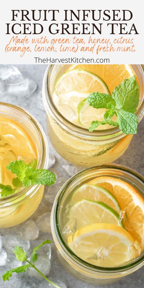 This refreshing Fruit Infused Iced Green Tea recipe is made with green tea, honey, citrus (orange, lemon or lime) and fresh mint.  If you’re looking for a pretty, refreshing and tasty drink to serve at birthday parties, baby showers and backyard barbecues, this citrus green tea checks all the boxes. Orange Green Tea, Lime Tea Recipe, Lipton Green Tea Recipes, Cold Tea Recipes, Iced Green Tea Recipe, Citrus Green Tea, Lipton Green Tea, Lime Tea, Cold Tea