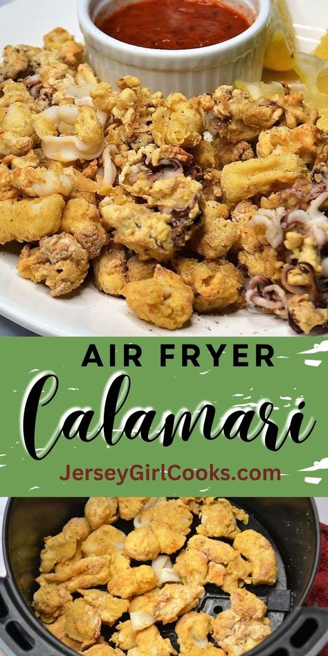 Air Fryer Calamari rings are so simple to make at home. Get tender, golden calamari with a crispy coating in just minutes - no deep frying required. The simple egg and seasoned flour mixture forms a flavorful crust without all the excess oil so you can enjoy the health benefits of calamari without the guilt. Serve as a appetizer for your favorite Italian food or as a main dish when you pair it with a few of your favorite sides. Click to get the fried calamari recipe. #airfryer #calamari Airfryer Calamari, Air Fryer Calamari, Fried Calamari Recipe, Oven Fried Zucchini, Calamari Rings, Calamari Recipe, Crispy Oven Fries, Calamari Recipes, Air Fryer Fish