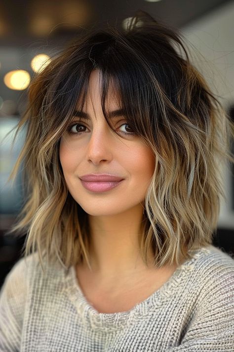 Must-Try Shag Haircuts and Hairstyles in 2024 Shag Bayalage Hair, Shaggy Bob Brunette, 70s Hair Short Shag, Black And Blonde Shag Hair, Collar Bone Shag Haircut, Middle Part Shag Haircut, Short Hairstyle Women Plus Size, Ombre Hair Color Medium Length, Medium Messy Hair