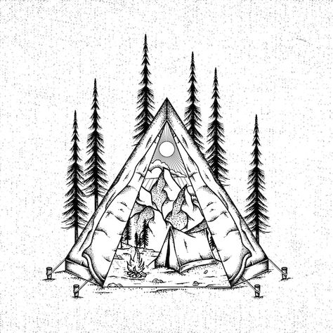 Trekking Sketch, Camp Tattoo Ideas, Camping Tattoo Ideas, Dreamcore Art, Ink Tober, Tent Drawing, Camping Tattoo, Cute Finger Tattoos, Photo Album Covers