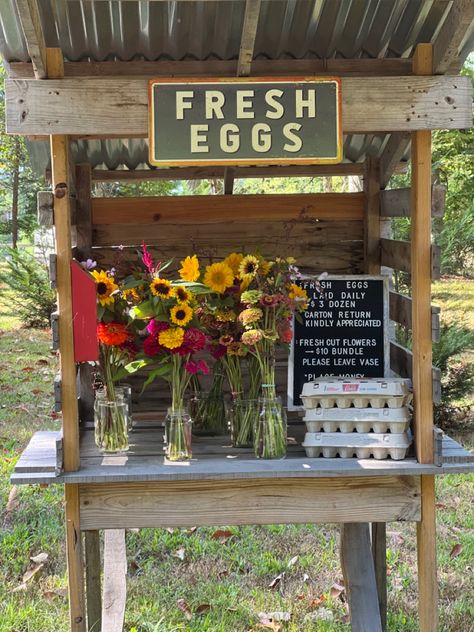 Egg Display Farmers Market, Produce Stand Ideas Display, Farm Stand Products, Diy Pallet Display Stand, Fresh Eggs Stand, Simple Farm Stand Ideas, Farmstand Aesthetic, Farmstand Display Ideas, Fresh Egg Stand