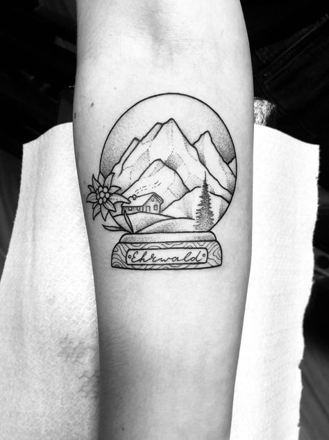 Snow Globe Tattoo Small, Austria Tattoo, Snow Globe Tattoo, Snowglobe Tattoo, Winter Tattoos, Ryan Tattoo, Globe Tattoo, Winter Tattoo, Scandinavian Tattoo