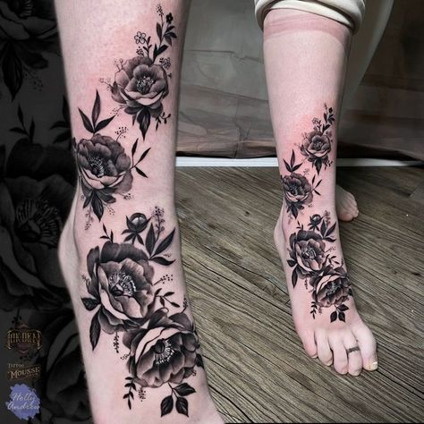 Beautiful bit of black and grey floral work done by Holly. This the second session on what sounds like its going to be a full leg sleeve so keep your eyes peeled for more on this one. #foottattoo #ankletattoo #flower #floraltattoo #realism #inkden #inkdentattoostudio #blackpool #blackpooltattoo Full Leg Flower Tattoo, Black And Grey Floral Tattoo, Ankle Tats, Full Leg Sleeve, Rosé Legs, Calf Tattoos For Women, Flower Leg Tattoos, Ankle Tat, Floral Work