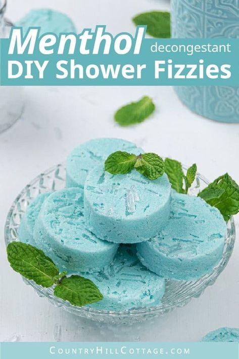 How to make and how to use an easy DIY recipe for relaxing and decongestant peppermint shower bombs with menthol crystals. These relaxing homemade aromatherapy shower steamers are made with cornstarch, baking soda and essential oils and good for colds, cough, sinus congestion, headache. Like Vicks vapor rub and Lush shower melts. A natural gift, great for kids and for men. With packaging ideas and tips for how to store. #showerbombs #aromatherapy #showeressentialoils | countryhillcottage.com Diy Shower Melts, Vicks Shower, Shower Steamers Diy, Shower Recipes, Shower Aromatherapy, Shower Fizzies, Vicks Vapor Rub, Shower Melts, Shower Tablets