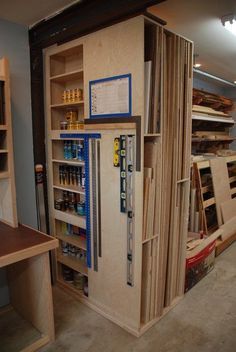 woodshop storage. Good to know once we get our new place and I can set up the wood shop! Plywood Storage, Garage Atelier, Workshop Layout, Lumber Storage, Woodworking Storage, Interior Vintage, Workshop Organization, Diy Garage Storage, Shop Layout