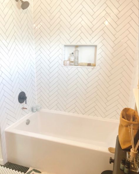 Herringbone tile. Penny tile. Black and white. Bathroom inspo. Tile Black And White, Black And White Bathroom, Penny Tile, Herringbone Tile, Bathroom Inspo, Bathroom Tile, White Bathroom, Tile Bathroom, Alcove Bathtub