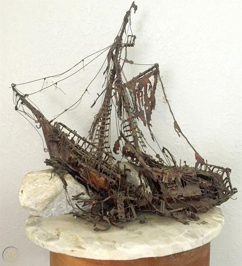 Signed J Lewk '72 Pirate Shipwreck Metal Brutalist Abstract Art Sculpture Statue | #1844880489 Pirate Ship Wreck, Pirate Shipwreck, Shipwreck Drawing, Shipwreck Art, Pirate Bay, Pirate Boats, Underwater City, Dragon Dance, Pirate Art