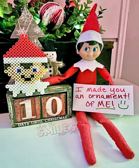 Easy Elf on the Shelf Idea: Elf Perler Bead Ornament! Elf Perler Bead Patterns, Elf On The Shelf Idea, Easy Elf On The Shelf, Farmhouse Gallery Wall, Shelf Elf, Easy Elf, Stencil Projects, Elf Ideas, Melting Beads