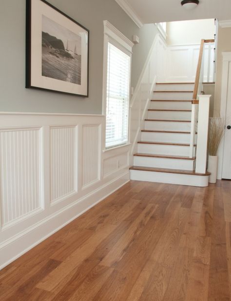 Most of the trim in My Old Country House is painted Benjamin Moore Mountain Peak White. I originally chose this color after I read about it on Maria Killam’s Blog “COLOUR ME HAPPY&#8221… Wainscoting Hallway, Wainscoting Ideas, Beadboard Wainscoting, Contemporary Family Room, House Contemporary, Dining Room Wainscoting, Wainscoting Styles, Bead Board, Home Building Design