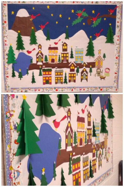 Graduation Classroom Decorations, 3d Christmas Bulletin Board Ideas, Christmas Village Bulletin Board, Winter Village Bulletin Board, Winter Display Boards Nursery Christmas Trees, Christmas Bulletin Board Ideas Preschool, 3d Classroom Christmas Door, Winter/christmas Bulletin Boards, Winter Displays