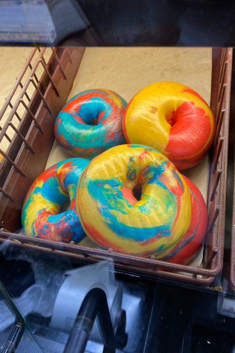 Rainbow dyed bagels spotted at Roche Bros in Boston! #everythingbagel #tiedye Rainbow Bagels Recipe, Einstein Bagels Sandwiches, Rye Bagels, Homemade New York Bagels, Rainbow Bagels Nyc, Everything Bagel, Bagels, In Boston, Tie Dye