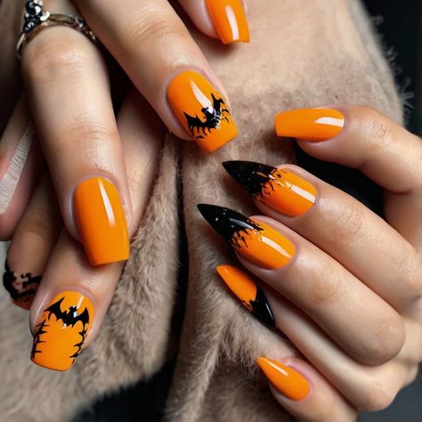 👑 Orange Nail halloween nails desing Halloween Nails Orange And Black, Halloween Nail Designs Black And Orange, Halloween Orange And Black Nails, Nails Halloween Orange And Black, Spooky Nails Orange And Black, Glamorous Nails, Texturizer On Natural Hair, Halloween Nail Designs, Nails Desing