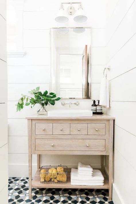 Perfect Powder Room Ideas For 2021 Farmhouse Powder Room Vanity, Farmhouse Powder Room, Powder Room Ideas, Vintage Sink, Powder Room Vanity, Room Vanity, Bold Wallpaper, Chrome Faucet, Furniture Placement