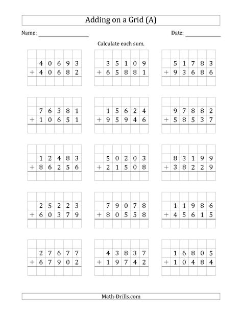 The Adding 5-Digit Plus 5-Digit Numbers on a Grid (A) math worksheet from the Addition Worksheet page at Math-Drills.com. Grade 5 Math Worksheets, Math Facts Addition, Kindergarten Math Worksheets Addition, Math Fact Worksheets, Addition Worksheet, Mental Maths Worksheets, Kindergarten Math Worksheets Free, Kindergarten Addition Worksheets, Math Practice Worksheets