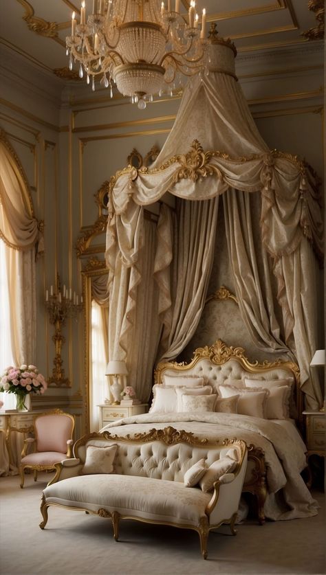 Regal Bedroom Ideas, Regency Era Room, Baroque Bedroom Ideas, Princess Bedroom Ideas For Women, Heaven Castle, Bedroom Design Ideas For Women, Castle Bedrooms, Royal Bedrooms, Baroque Bedroom