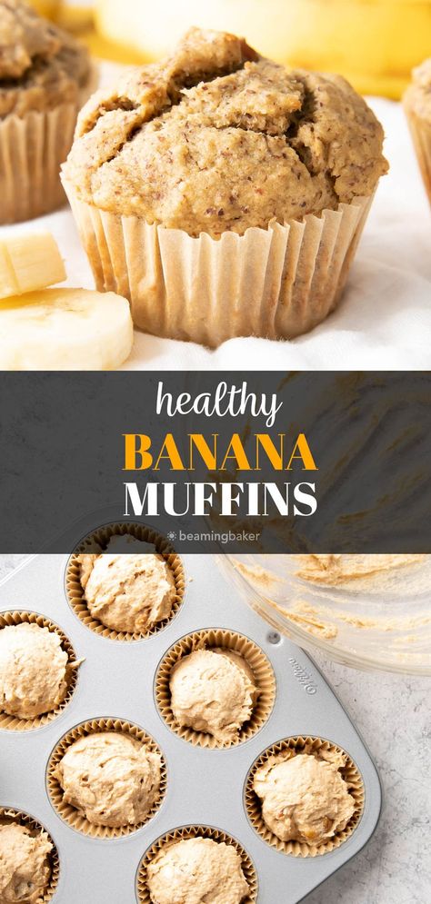 Healthy Banana Muffins from Beaming Baker. Deliciously healthy banana muffins bursting with sweet banana flavor, made with guilt-free, wholesome and healthy ingredients that are fiber-rich and heart-healthy. Banana Fiber Muffins, High Fibre Banana Muffins, Clean Eating Muffins, Beaming Baker, Banana Cinnamon Muffins, Healthy Banana Muffins, Banana Muffin, Vegan Gluten Free Desserts, Banana Breakfast