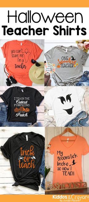 These cute Halloween teacher shirts are perfect for an easy teacher Halloween costume. The fun sayings on these t-shirts add some festive fun to October. Teacher Shirts Designs Funny, Daycare Shirts For Teachers, Halloween Shirts For Teachers, Teacher T Shirts Ideas Design, Halloween Shirts Vinyl, Daycare Shirts, Fall Teacher Shirts, Halloween Tshirt Ideas, Halloween T Shirt Ideas