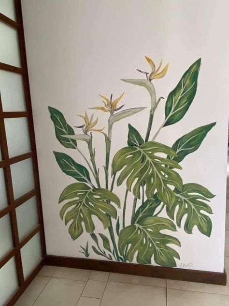 Monstera Mural Painting, Wall Drawings, Wall Murals Diy, Creative Wall Painting, Painting Flowers Tutorial, Diy Wall Painting, Fotografi Digital, Wall Art Ideas, Wall Painting Decor