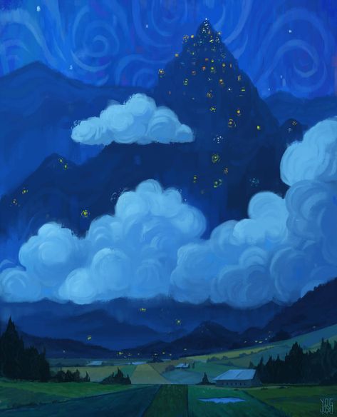 Cloudy Illustration, Fantasy Art Background, Space Fantasy Art, Otherworldly Aesthetic, Cloudy Night, Van Gogh Inspired, Cloudy Nights, Inspired Painting, Night Illustration