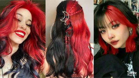 Red and Black Hair: 10 Ideas For Confident Ladies Black And Red Bob Hairstyles, Black And Red Hair Ideas Short, Red On Top Black On Bottom Hair, Red And Black Hair Color Ideas, Red Hair With Black Underneath, Red Blonde And Black Hair, Red And Black Hairstyles, Black And Red Hair Ideas, Red Peekaboo Hair