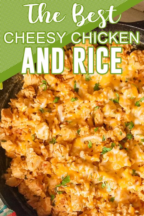 Cheesy Chicken And Rice is an easy one pot meal that only takes 20 minutes from start to finish. This simple skillet has juicy chicken, the perfect amount of spices, Queso Blanco, salsa, and rice. It’s perfect for any night of the week, and your family will ask for it over and over. #EasyChickenRecipes #OnePotMeal Cheesy Taco Chicken And Rice, Electric Skillet Recipes Chicken, Cheesy Chicken Mexican Rice, Chicken And Rice Skillet Meals, Cheesy Chicken And Rice Skillet, One Pot Chicken And Rice Recipes Stovetop, Diced Chicken And Rice Recipes, Easy One Pot Rice Meals, Queso Salsa Chicken And Rice