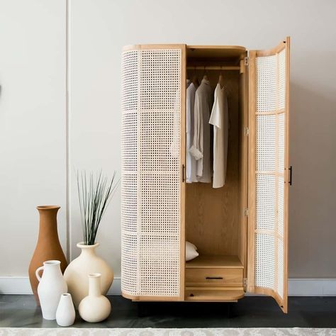 Large View Boho Wardrobe Furniture, Chic Boho Bedroom, Standing Wardrobe, Natural Cabinets, Boho Wardrobe, Boho Chic Home, Wood Clothes, Simple Wardrobe