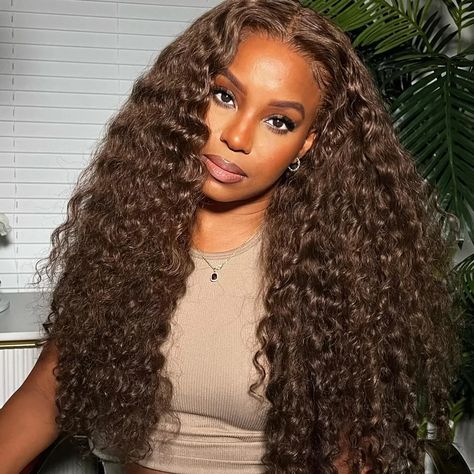 Synthetic Dark Brown Water Wave Curly Lace Front Wigs 180% Density Chocolate Brown Lace Front Wig Chocolate Brown Wig, Curly Lace Wig, Curly Lace Front Wigs, 360 Lace Wig, Deep Curly, Hair Solutions, Colored Wigs, Brown Wig, Straight Wig