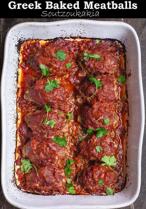 YUM! Extra juicy, flavor-packed baked meatballs prepared Greek-style w/ aromatics, fresh herbs, a special blend of warm spices & the BEST tomato sauce! You need to try this ASAP. #greekfood #greekrecipes #mediterraneanrecipe #mediterraneandiet #mediterranean #meatballs #bakedmeatballs #meat Meatballs In Tomato Sauce, Baked Meatballs, Greek Meatballs, The Mediterranean Dish, Mediterranean Spices, Meatball Bake, Greek Cooking, Greek Dishes, Mediterranean Cuisine