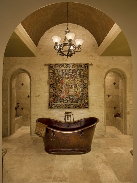 Oh my word...I love this Medieval Home Decor, Gothic Bathroom, Unique Bathroom Design, Mini Bad, Doorless Shower, Medieval Decor, Copper Tub, Unique Bathroom, Custom Home Designs