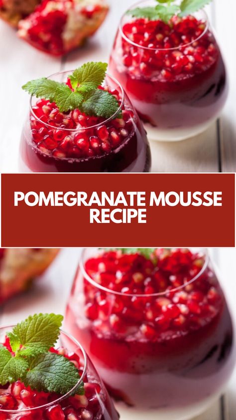 Pomegranate Mousse Recipe made of creamy whipped cream and pomegranate juice, delicately flavored and light in texture it serves about 6 and takes about 20 minutes to prepare, plus chilling time for the best flavor. Pomegranate Glaze Recipe, Christmas Appetizers Pomegranate, Desserts With Pomegranate, Pomegranate Breakfast Recipes, Recipes With Fresh Cream, Pomogranette Dessert, Pomagranet Recipe Dessert, Pomegranate Powder Recipes, Pomegranate Recipes Baking