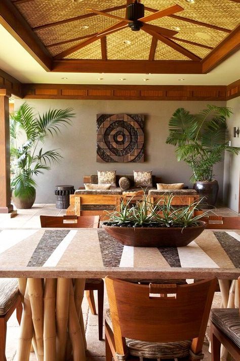 Hawaiian Home full of delicious style and views | Trying to Balance the Madness Hawaiian Interior Design, Tropical Dining Room, Hawaiian Home Decor, Tropical Patio, Tropical Interiors, Hawaiian Homes, Tropical Interior, Doors Wooden, Tropical Living