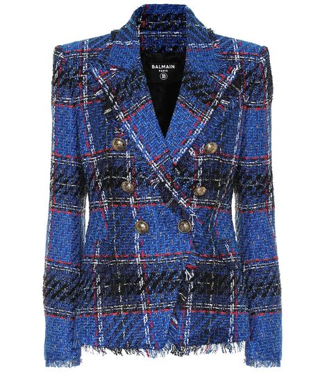 Balmain Blazer, Suit Jackets For Women, Blue Tartan, Blue Tweed, Blazer Designs, Tweed Blazer, Blazer Outfits, Double Breasted Blazer, Womens Activewear