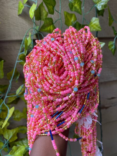 Traditional Ghanaian Thread Tie Waist Beads One size fits all Color: Pink with blue and red details Waist Beads Aesthetic, Beads Aesthetic, Waist Beads African, Pony Bead Crafts, Anklet Designs, Red Details, Waist Beads, Pink Cotton Candy, Feel Beautiful