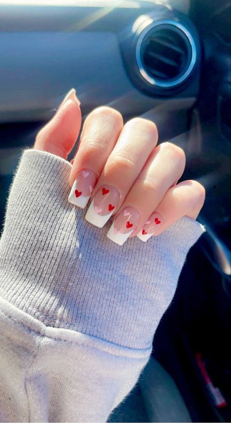 Valentine’s Day Nails Coffin Short, Valentines Day Acrylic Nails Short, Short Valentines Day Nails Acrylic Square, February Nails Ideas Valentines Day Short, French Tip Valentines Nails, Basic Valentines Day Nails, Valentines Day Nails Acrylic Square, Valentine French Tip Nails, Valentines Day Short Nails