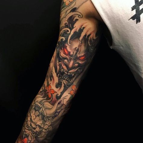 Hannya mask on the inner bicep by Patrick (@patrick_chronicink) done at Chronic Ink Tattoo - Toronto, Canada Dragon Tattoo Inner Bicep, Tattoo Inner Bicep, Sugar Tattoo, Koi Dragon Tattoo, Japanese Hannya Mask, Tattoo Chinese, Colour Tattoos, Koi Dragon, Tattoo Toronto