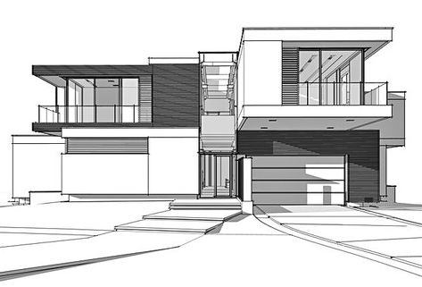 Villa Elevation Drawing, Modern House Perspective, Modern House Drawing Sketches, Modern House Design Drawing, Mansion Sketch, Villa Sketch, Modern House Drawing, Modern House Sketch, Dream House Sketch