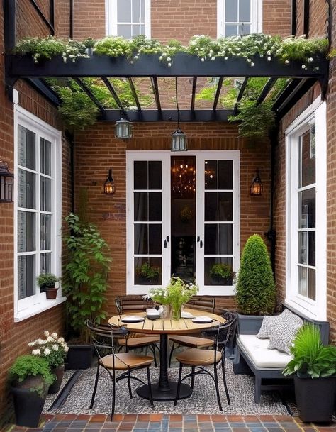 Dining Nook Tiny Patio Ideas, Patio Wall Planters, Patio Cozy, Patio Ideas Townhouse, Tiny Patio, Light Blue Living Room, Small Patio Design, Mediterranean Style Home, Tall Windows