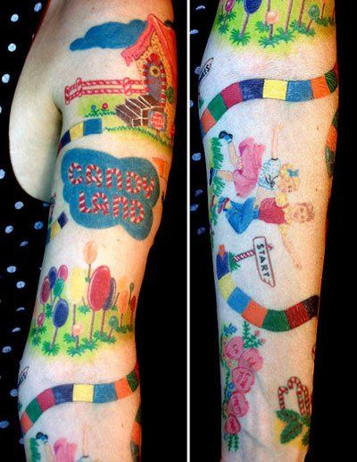 OMG. This is spectacular. Consider my jaw dropped.  candy land tattoo by The Sugar Monster, via Flickr Candyland Tattoo, Board Game Tattoo, Land Tattoos, Southside Tattoo, Game Tattoo, Candy Tattoo, Cupcake Tattoos, Hearts Tattoo, Clever Tattoos